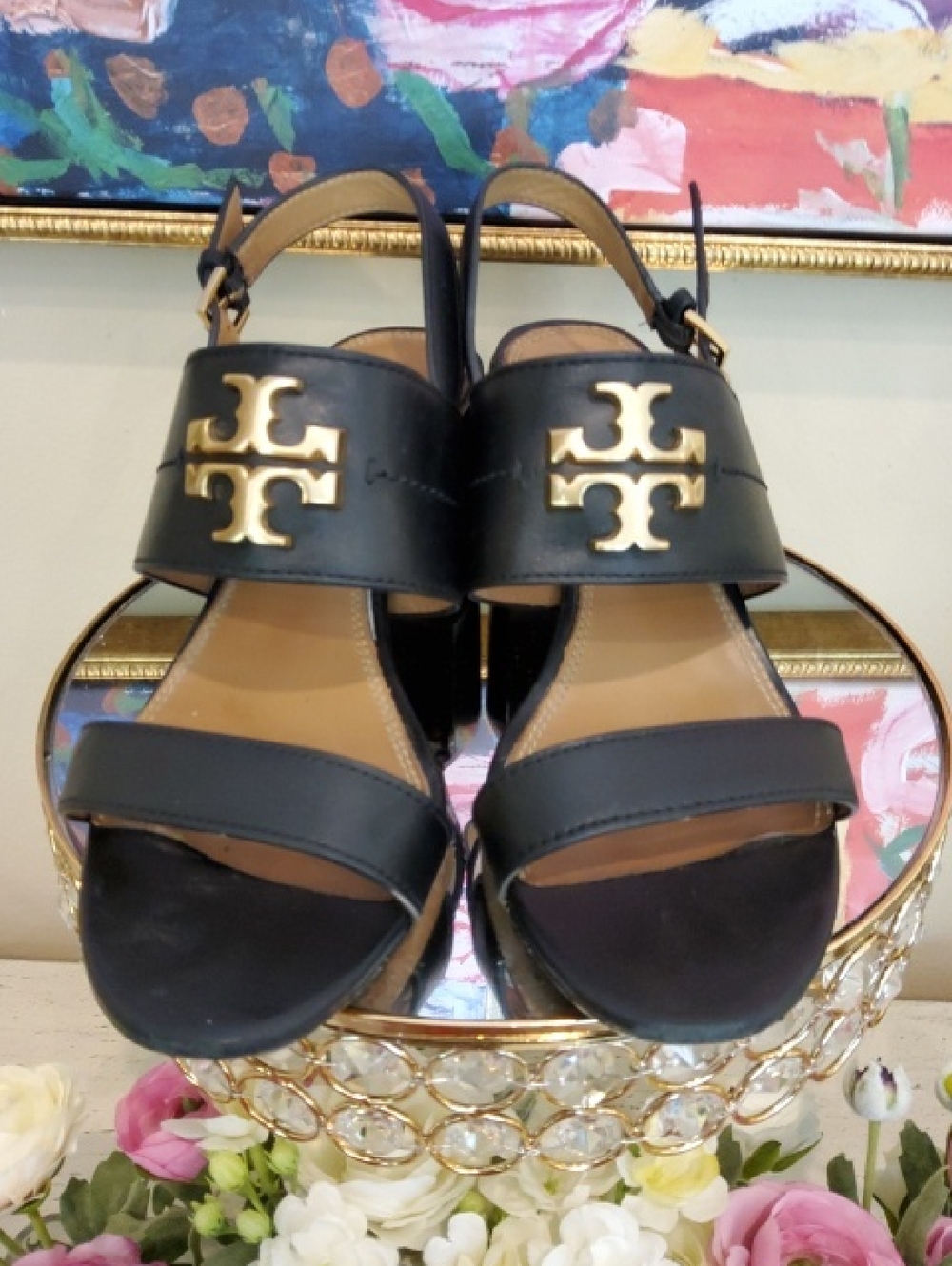 Tory Burch Everly Black Leather Gold-Logo Block Heel Sandals - Size 7.5